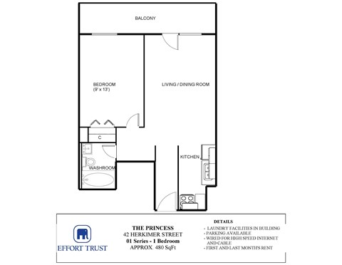 Floor plan for 1 bed, 1 bath, 540 sqft